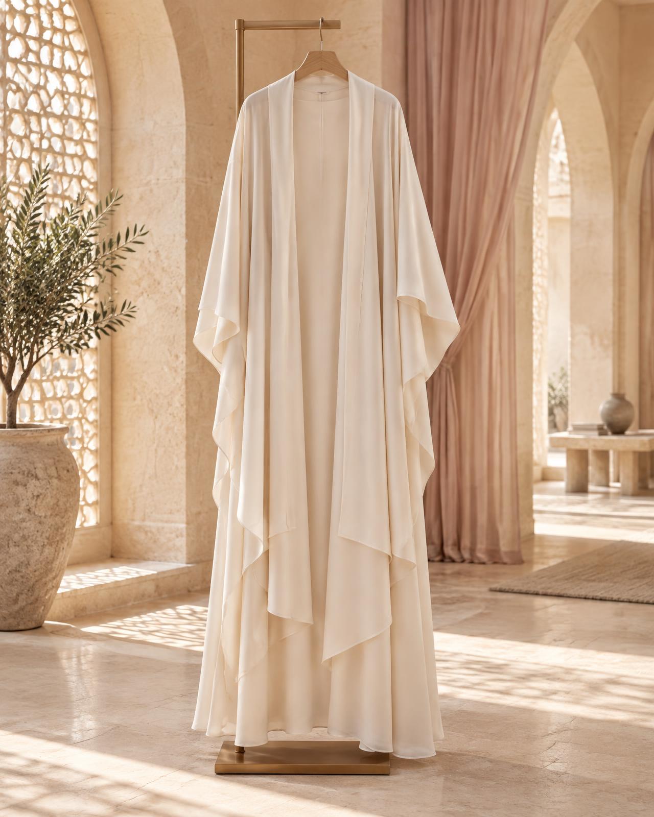 Ivory layered abaya displayed in a warm arched interior