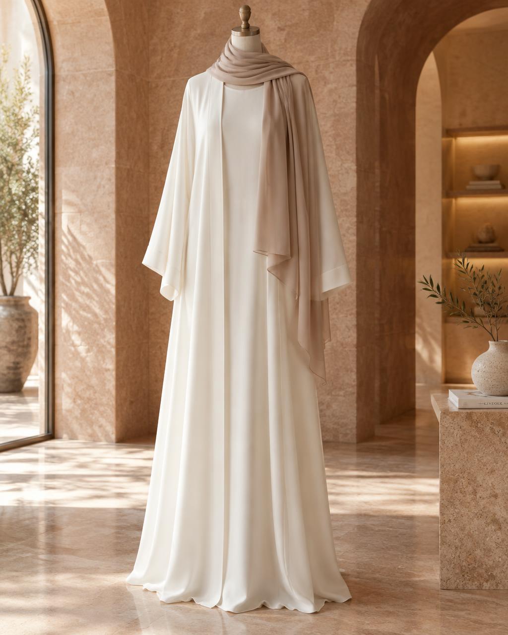 Ivory SALIHAAT abaya set on a mannequin in a sunlit arched interior