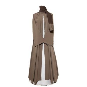 SALIHAAT Chocolate Brown Abaya 3-Piece Set: Chiffon Kaftan, Cotton Linen Under Abaya, Hijab - Size 54