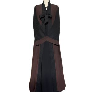 SALIHAAT Dark Chocolate Brown Flared Abaya 3-Piece Set: Handmade Cotton Linen Underdress, Matching Hijab (Size 54)