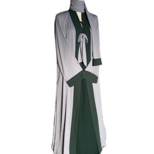 SALIHAAT Gray & Green Abaya 3-Piece Set with Hijab: Handmade Cotton Linen Kaftan, Size 54