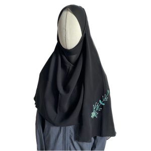 Georgette Abaya Scarf Hijab with Stone and Light Blue Beads Work, Chiffon Dupatta, Black