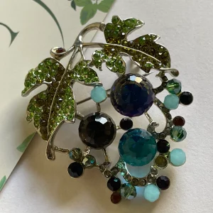 Vintage Fruit Brooch: Rhinestone Leaf Pin, Multicolor Abaya Accessory