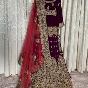 Velvet Lehenga: Royal Purple Indian Bridal Dress, Gold Embroidery