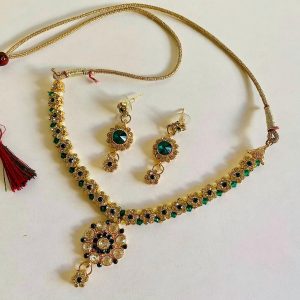 Indian Bridal Jewelry Set, Green Rhinestone Gold Plated White Pearl Necklace and Earring Set
