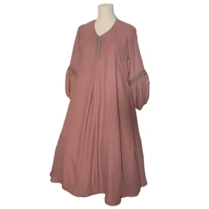 SALIHAAT Girls Blush Pink Abaya-Style Flared Wear w/Hijab, Side Pockets, Elastic Sleeves, Decorative Lace
