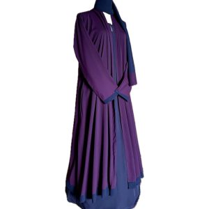 SALIHAAT Royal Purple Georgette Abaya 3-Piece Set with Navy Blue Linen Underdress & Hijab, Size 52