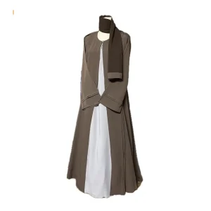 SALIHAAT Toasted Chocolate Brown Crepe Abaya Kaftan 3-Piece Set with Georgette Hijab - Size 54
