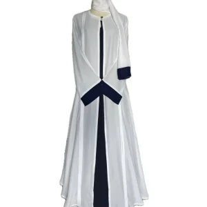 SALIHAAT White Navy Abaya 3-Piece Set: Handmade Kaftan Cape, Cotton Linen Under Abaya (Size 54)